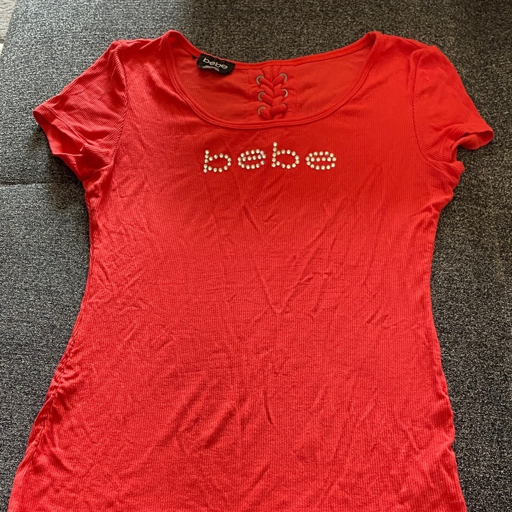 BEBE LOGO SHORT SLEEVE SCOOP NECK SINGLE STONE RIB TOP size S - Picture 2 of 3